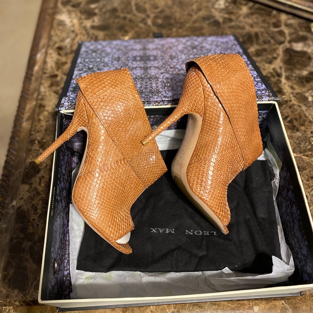 Caramel colored snake skin heels